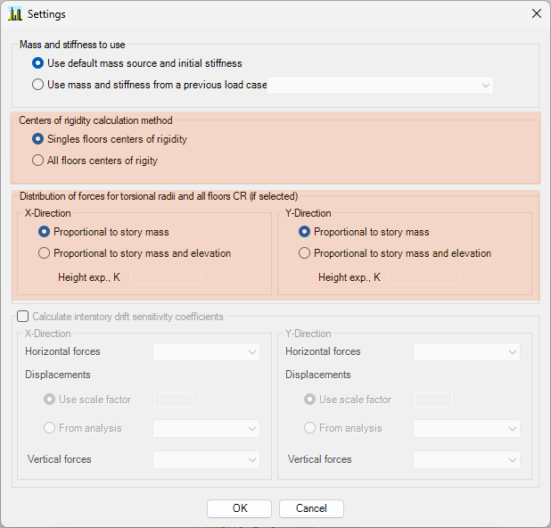 Janela Settings do Towers, com o método de cálculo dos centros de rigidez e as opções de distribuição de forças