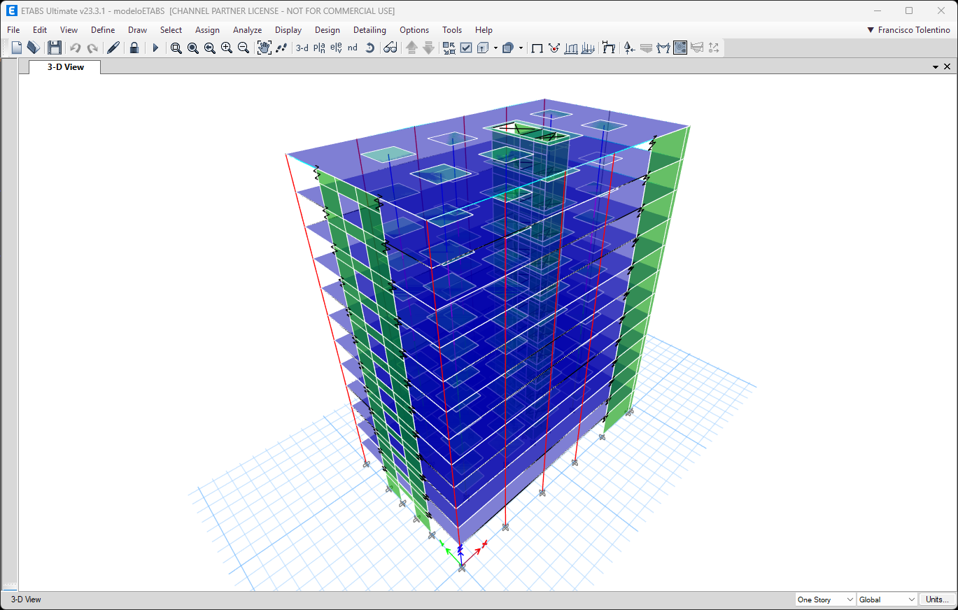 Vista 3D do edifício de 12 pisos modelado no ETABS