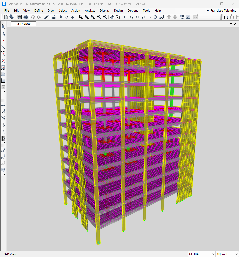 Vista 3D do mesmo edifício modelado no SAP2000
